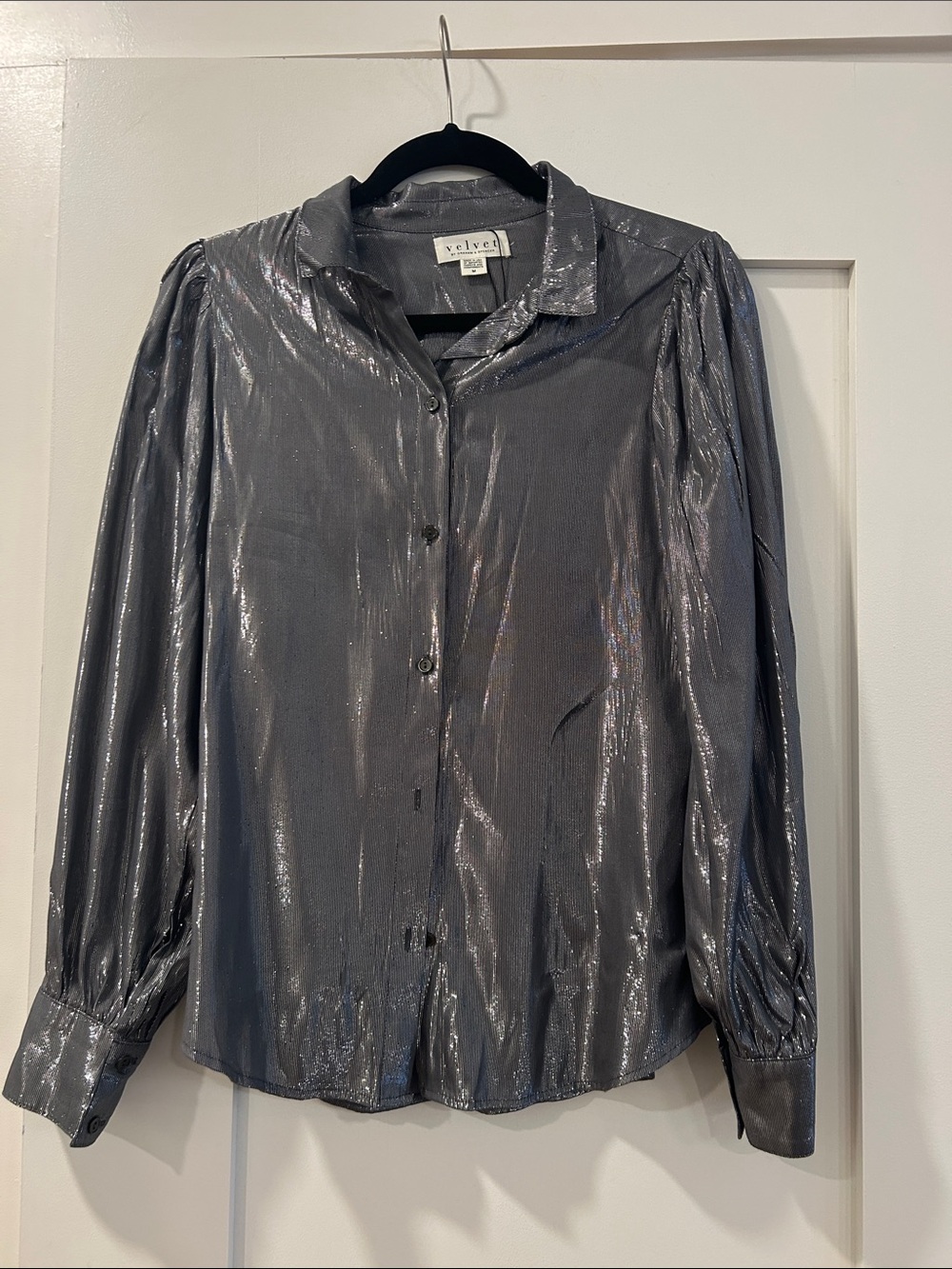 Velvet by Graham & Spencer Shimmery Silver Button-Up Blouse, medium